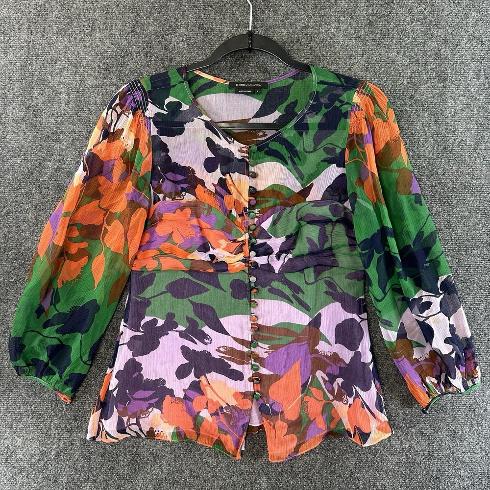 BCBG Generation Womens Floral Print Blouse 100% Silk Small Ruffle V-Neck Flowy